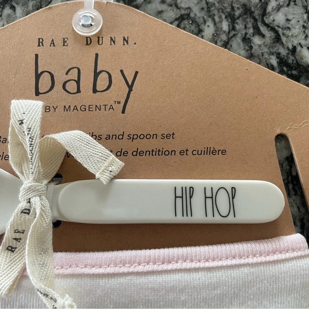 New! Rae Dunn by Magenta Hippity Hop Bandana Teether Bib & Spoon Set